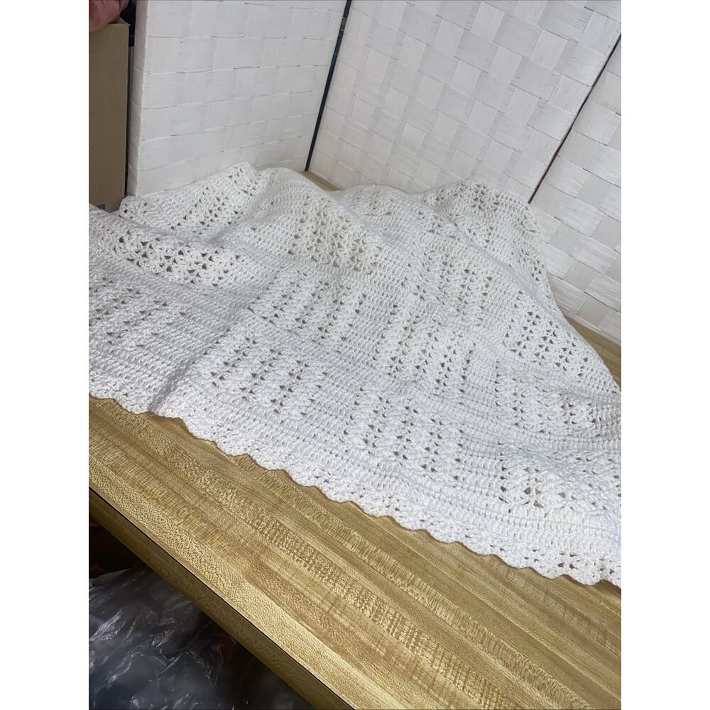 Handmade New Crochet Baby Blanket Boy Or Girl Solid White 57” x 43” - Picture 4 of 6